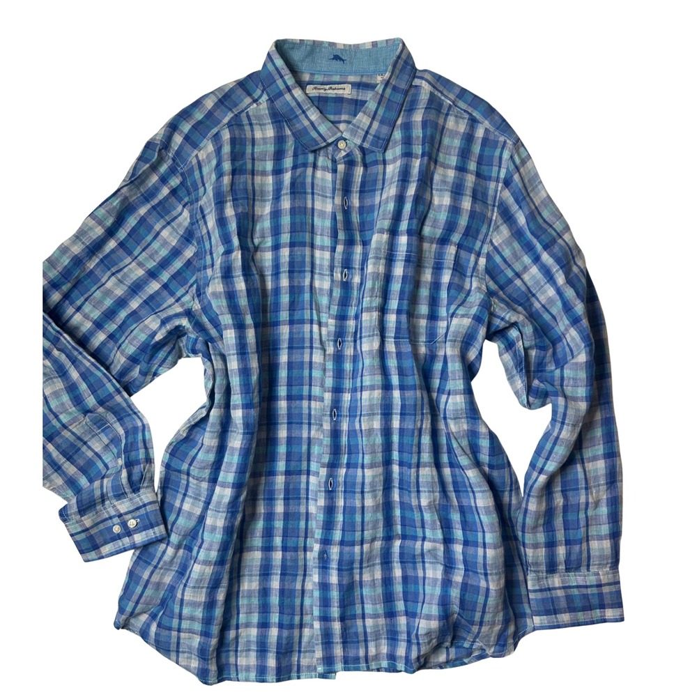 Tommy Bahama Paradiso Plaid Linen Shirt 3X TTG Palace Blue Long Sleeve Button WT
